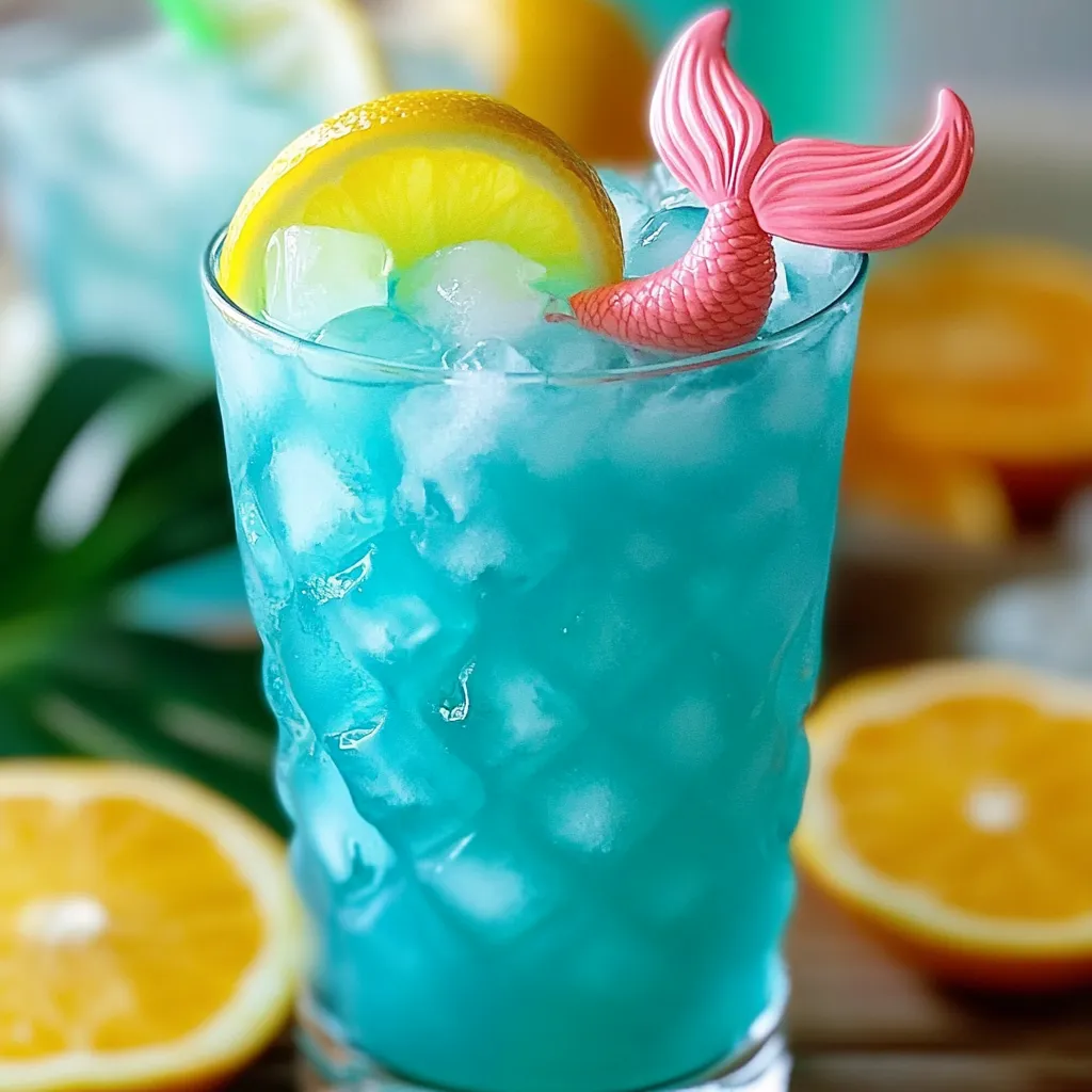A blue drink with a lemon slice in it.