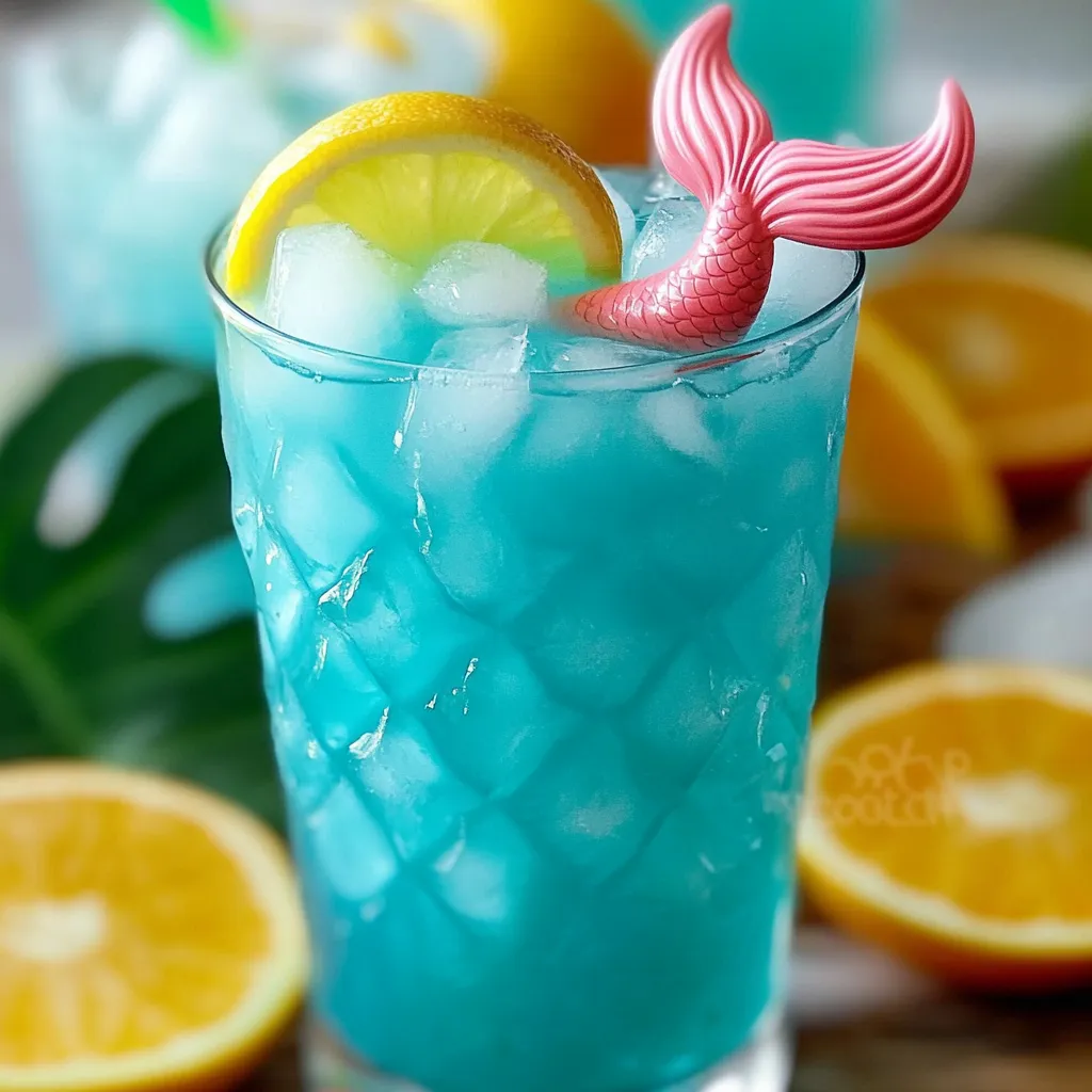A blue drink with a lemon wedge in it.