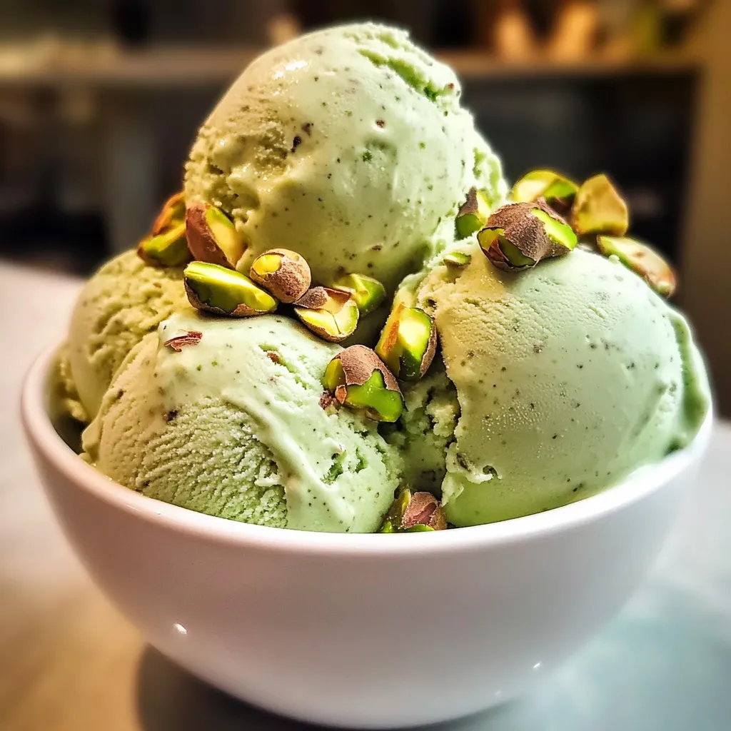 A bowl of green ice cream with nuts on top.