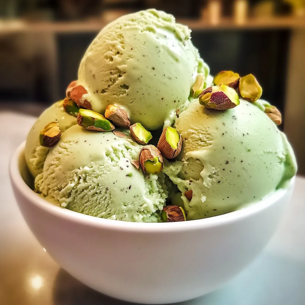 A bowl of green ice cream with nuts.