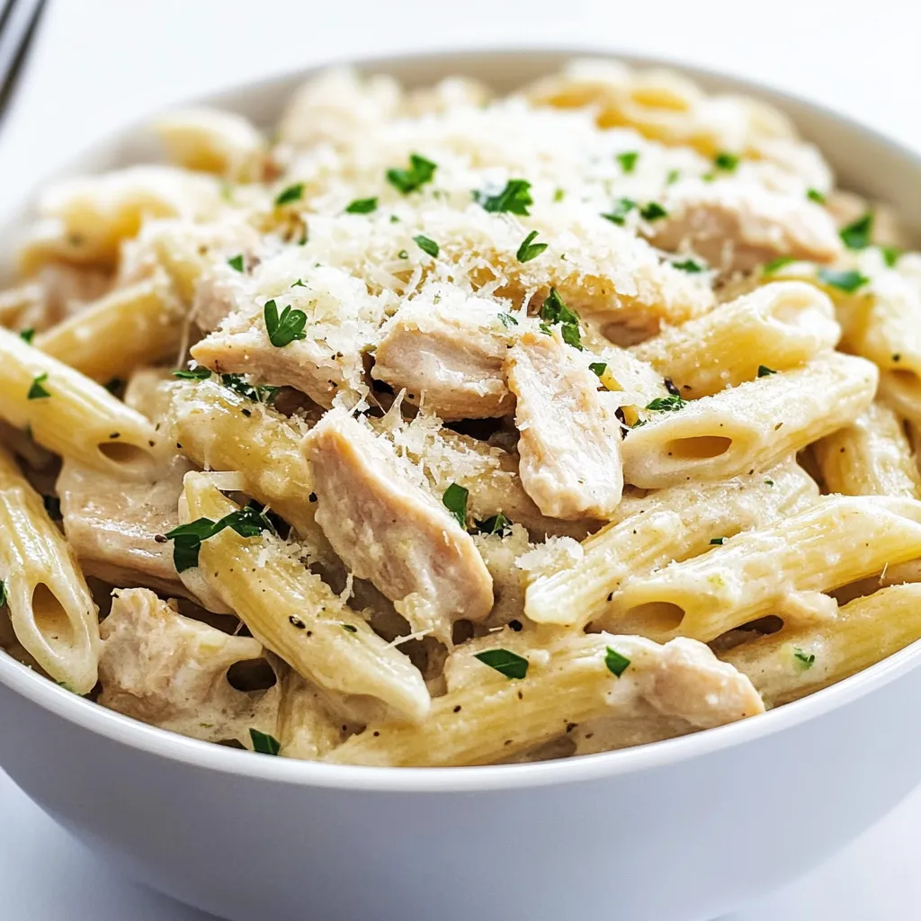 A bowl of pasta with chicken and cheese.