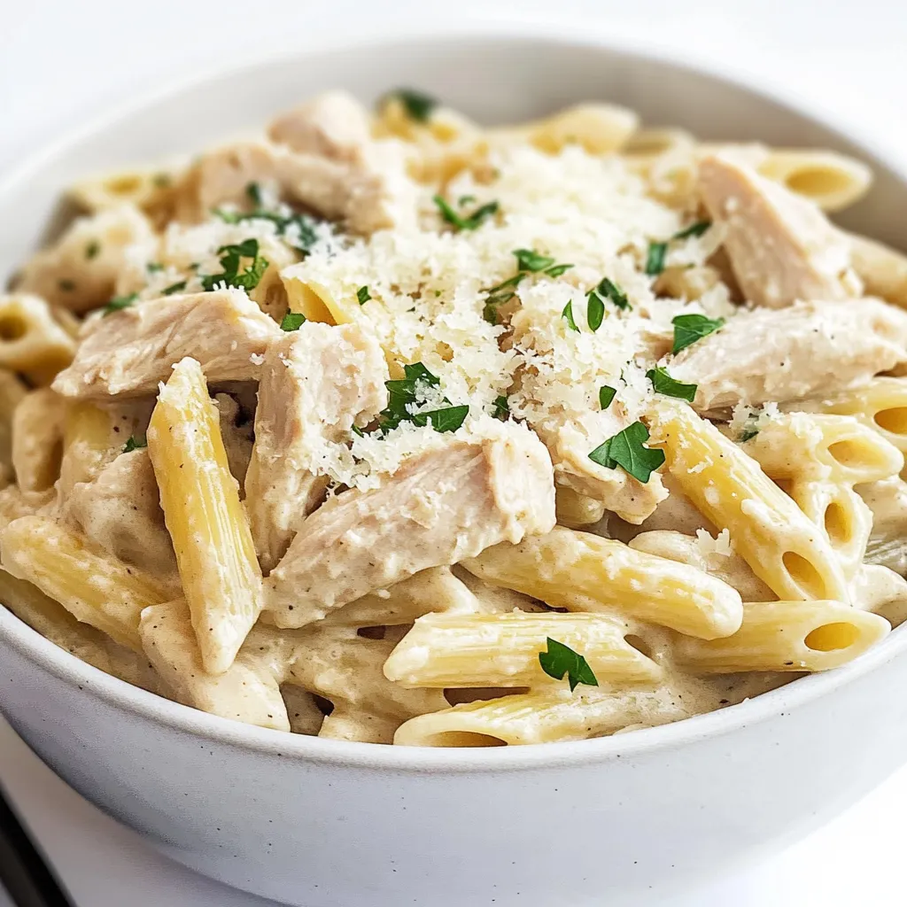A bowl of pasta with chicken and cheese.