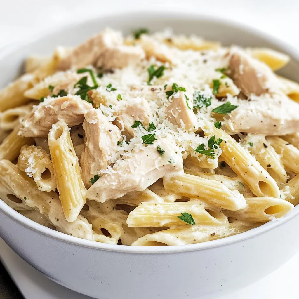 A bowl of pasta with chicken and cheese.
