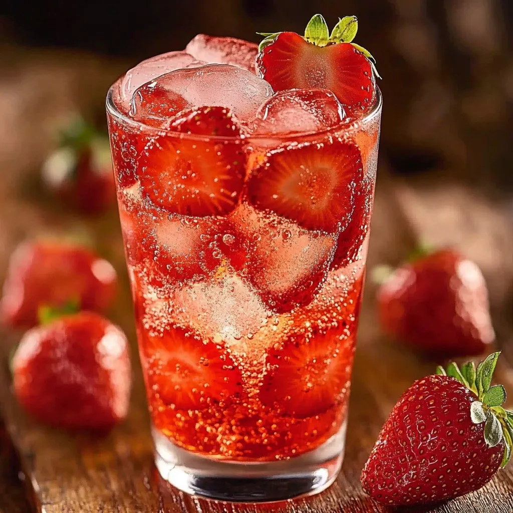 A glass of red strawberry juice with a few strawberries on the table.