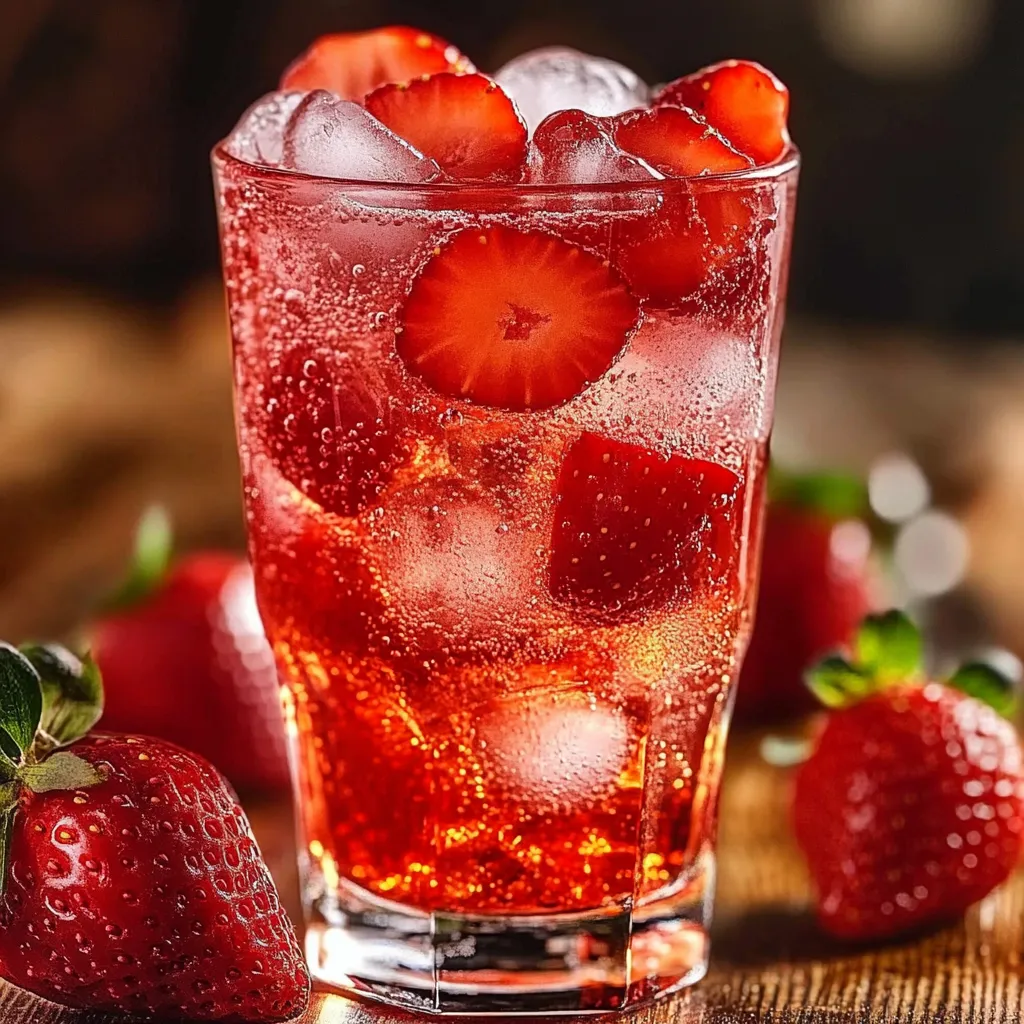 A glass of red drink with strawberries.
