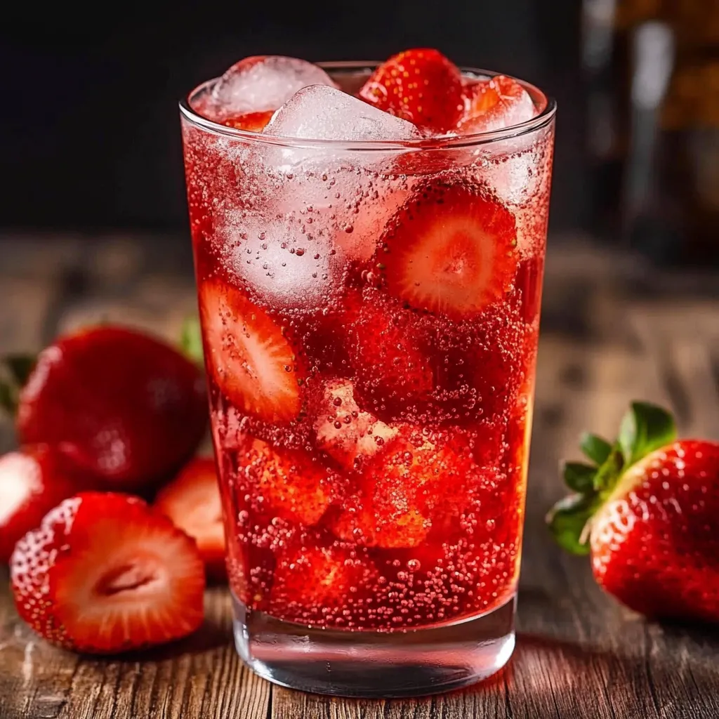 A glass of red strawberry juice with ice.