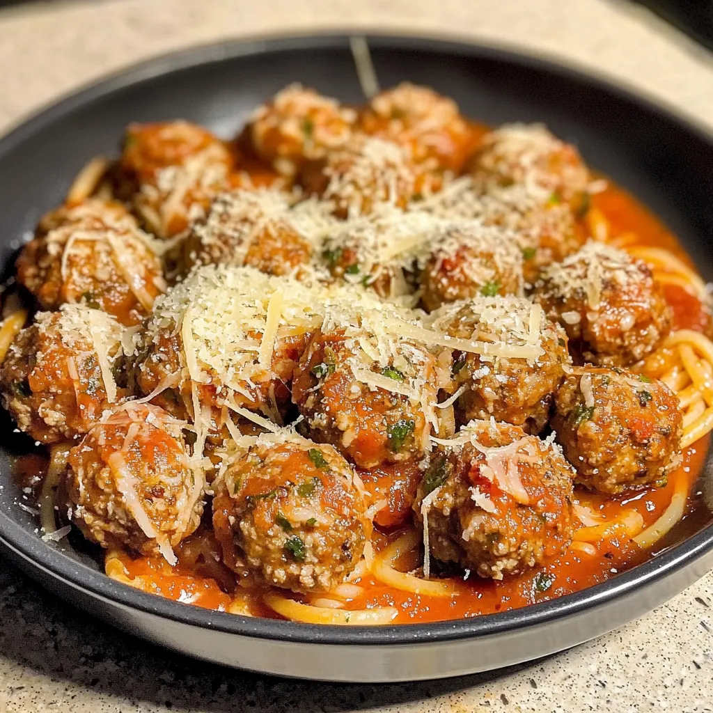 A bowl of pasta with meatballs and cheese.