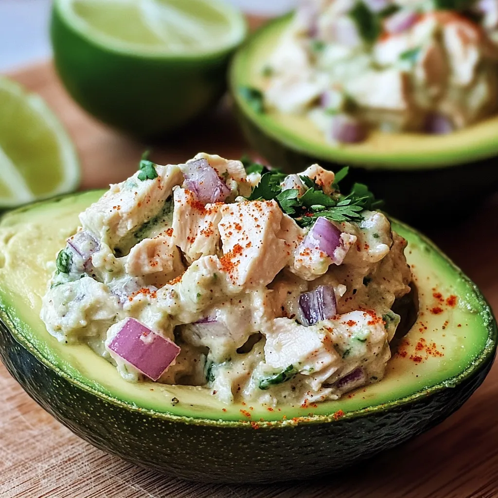 A slice of avocado with a salad in it.