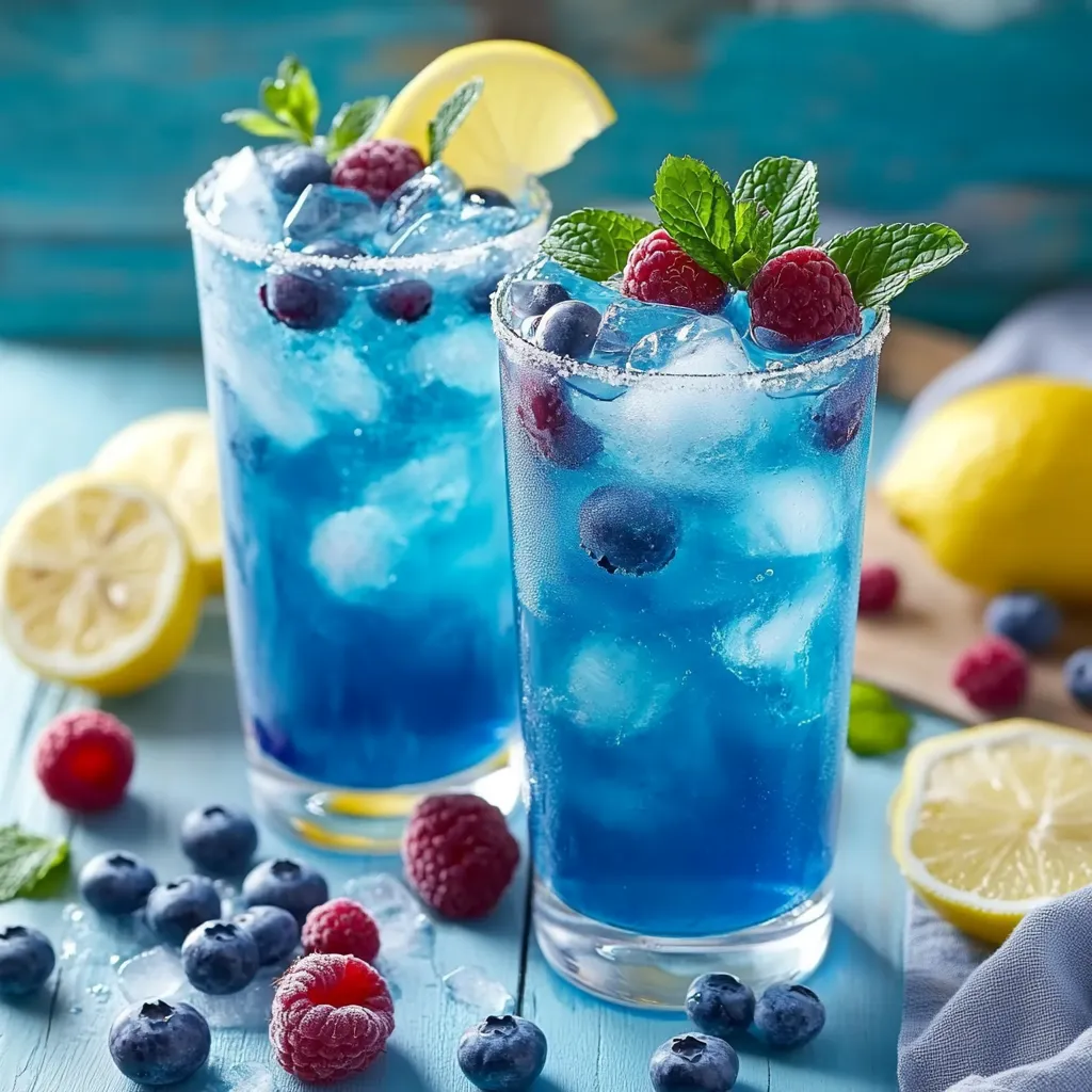 Two glasses of blueberry lemonade.