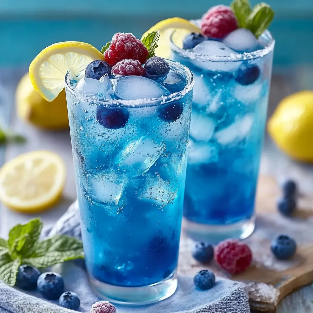 Two blueberry lemonade drinks with blueberries and lemon slices.