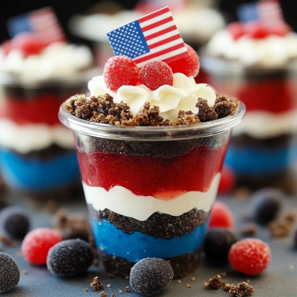 A red, white and blue dessert in a cup.