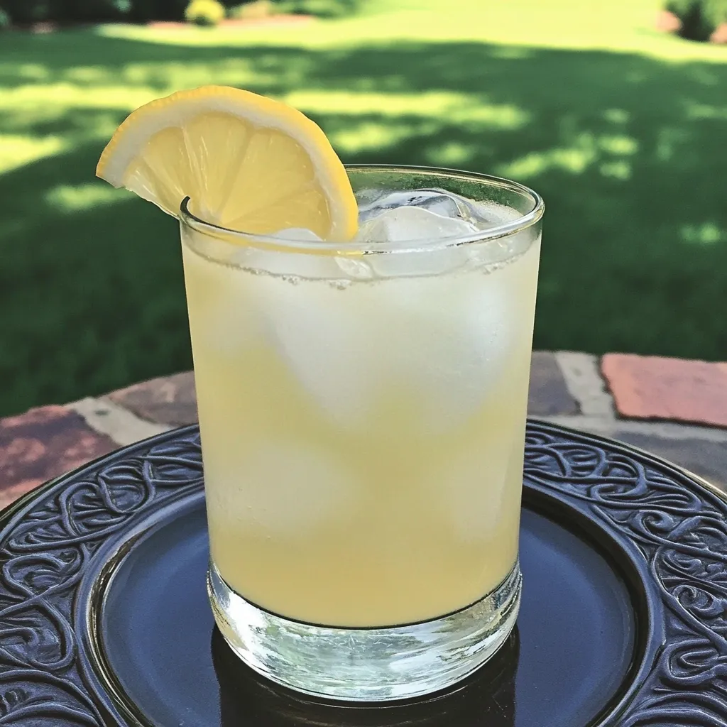 A glass of lemonade with a lemon wedge on a table.