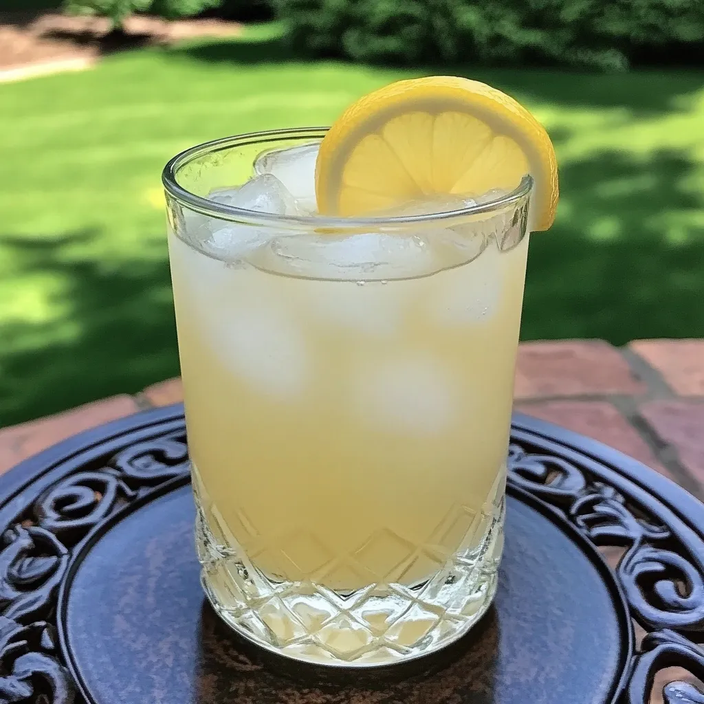 A glass of lemonade with a lemon slice in it.