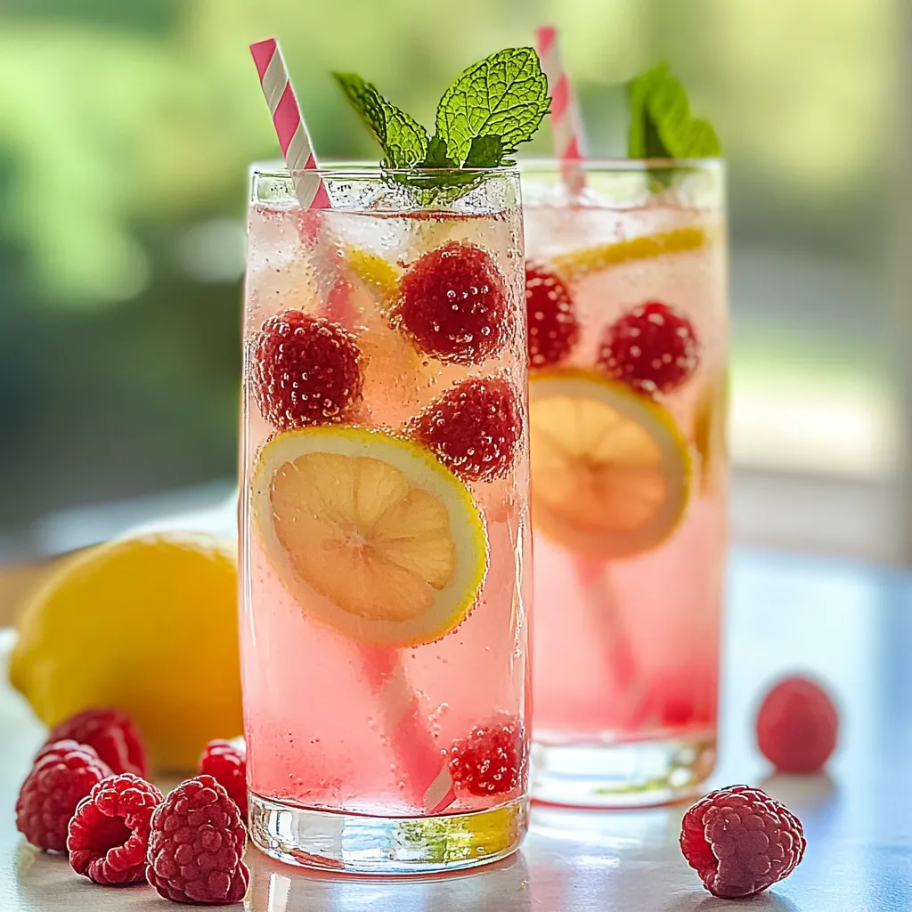 Two glasses of pink lemonade with straws in them.