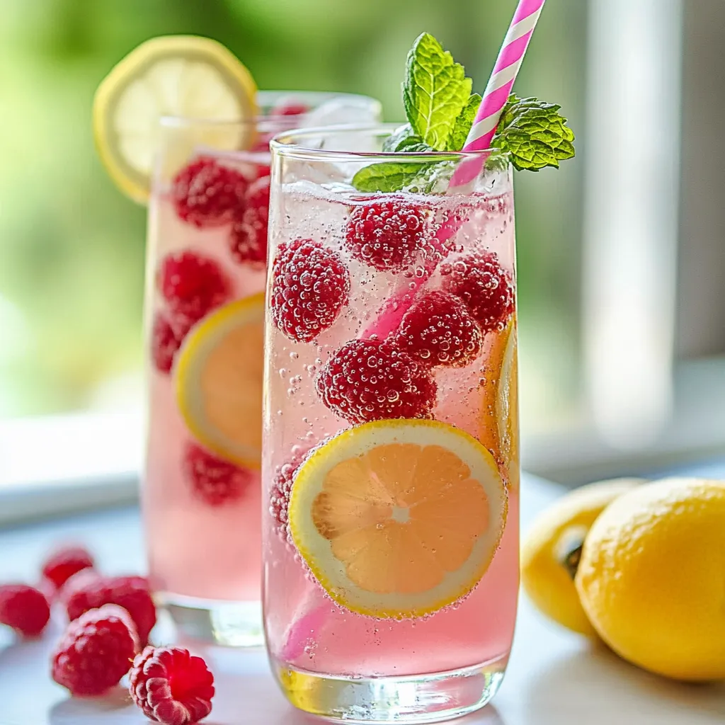 Two glasses of pink lemonade with lemon slices.