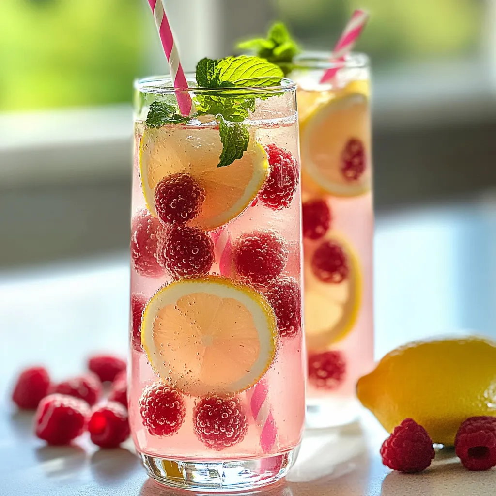 Two glasses of pink lemonade with raspberries in them.