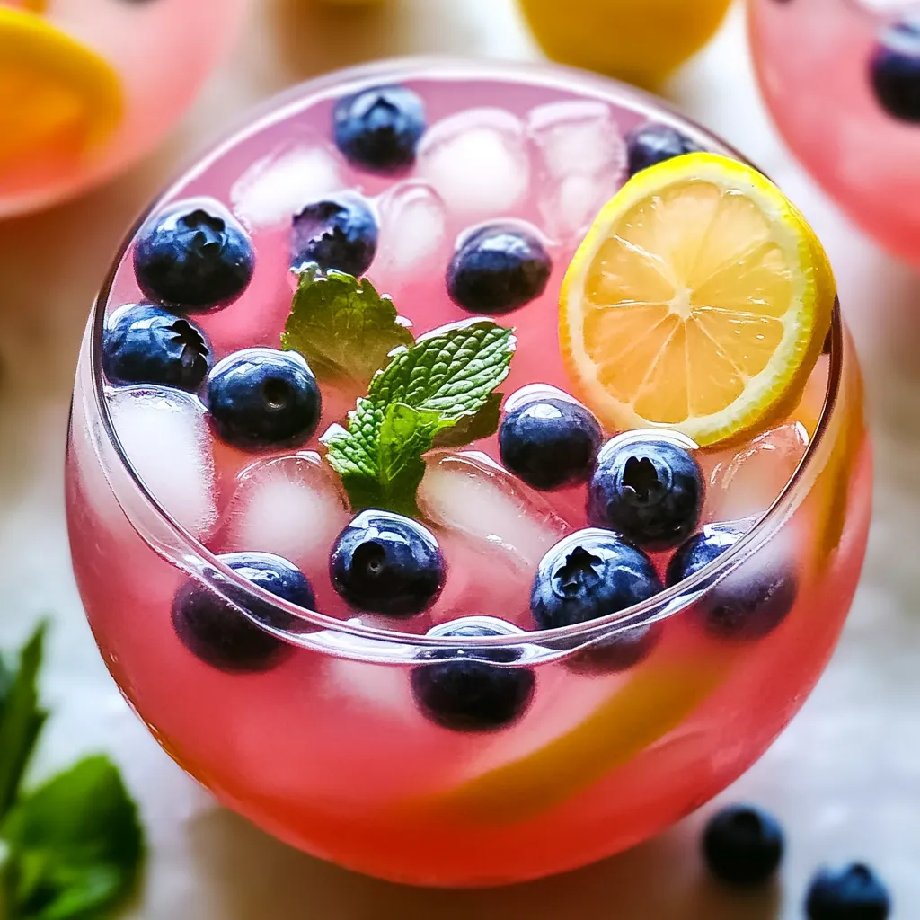 A glass of pink lemonade with blueberries and lemon slices.