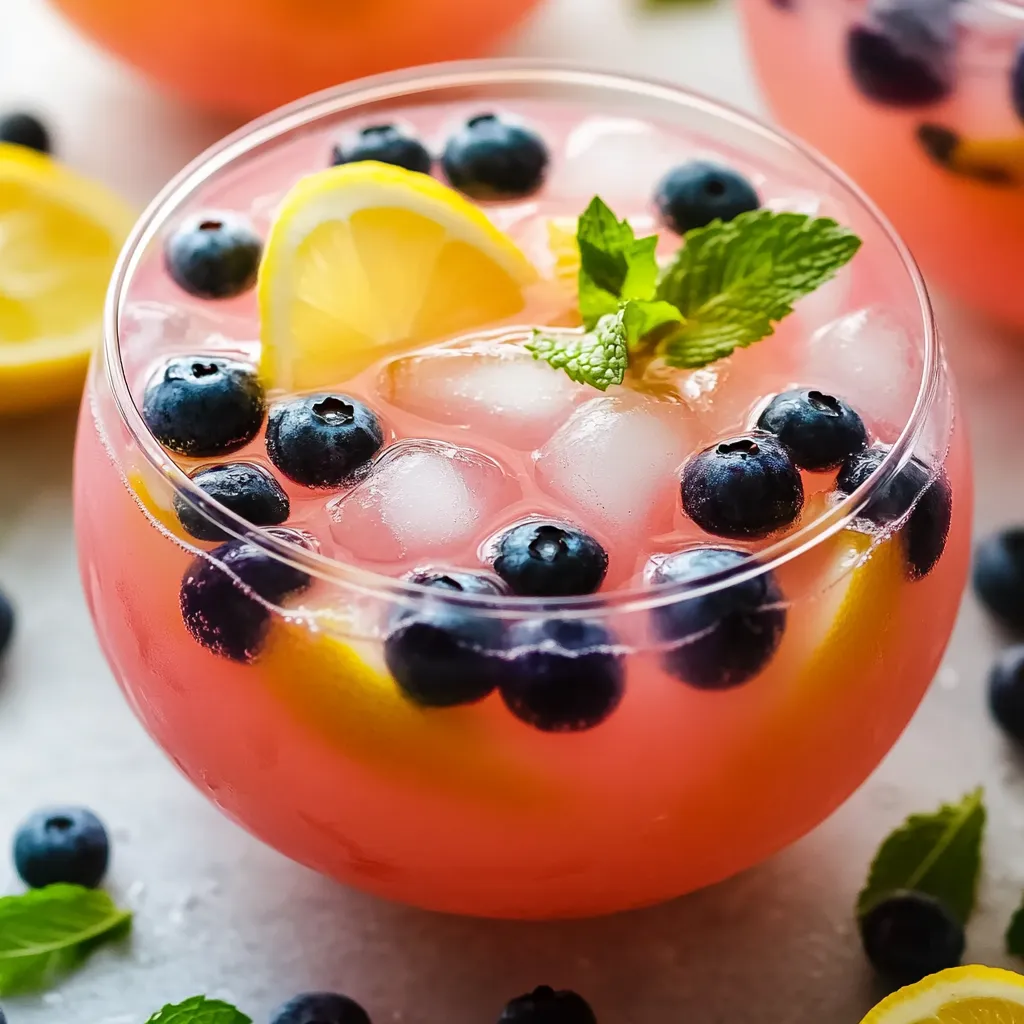 A glass of pink lemonade with blueberries and lemon slices.
