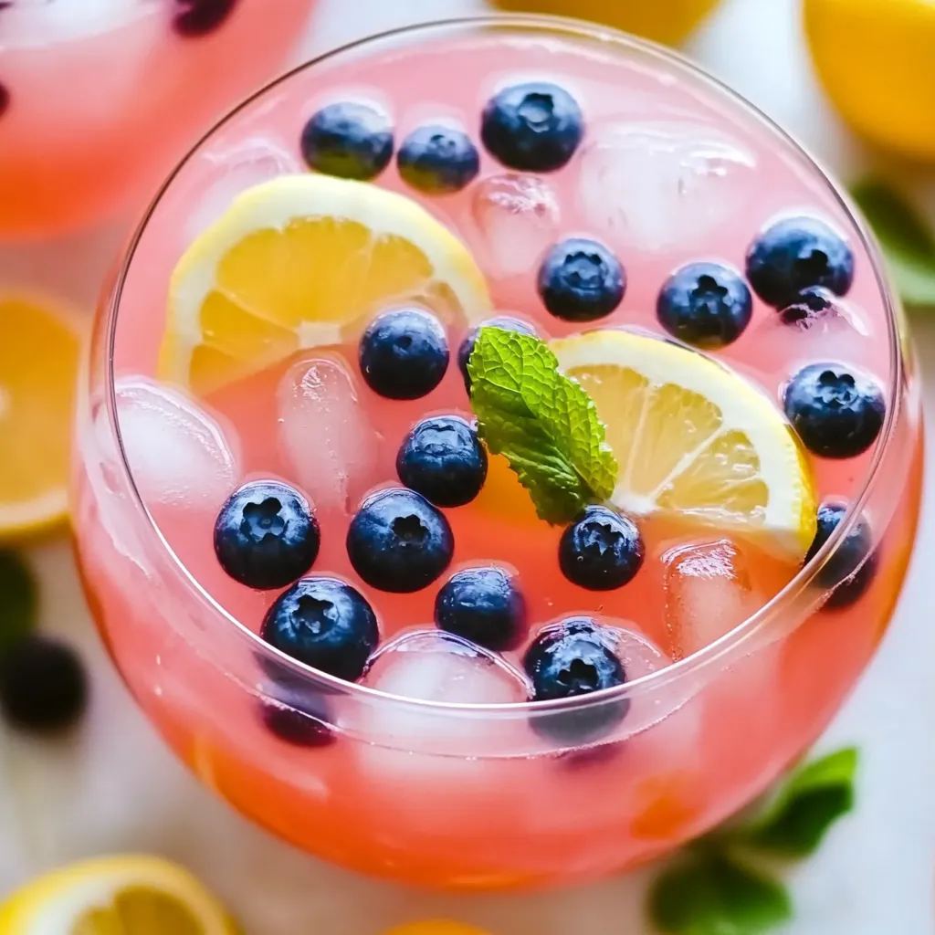A glass of pink lemonade with blueberries and lemon slices.