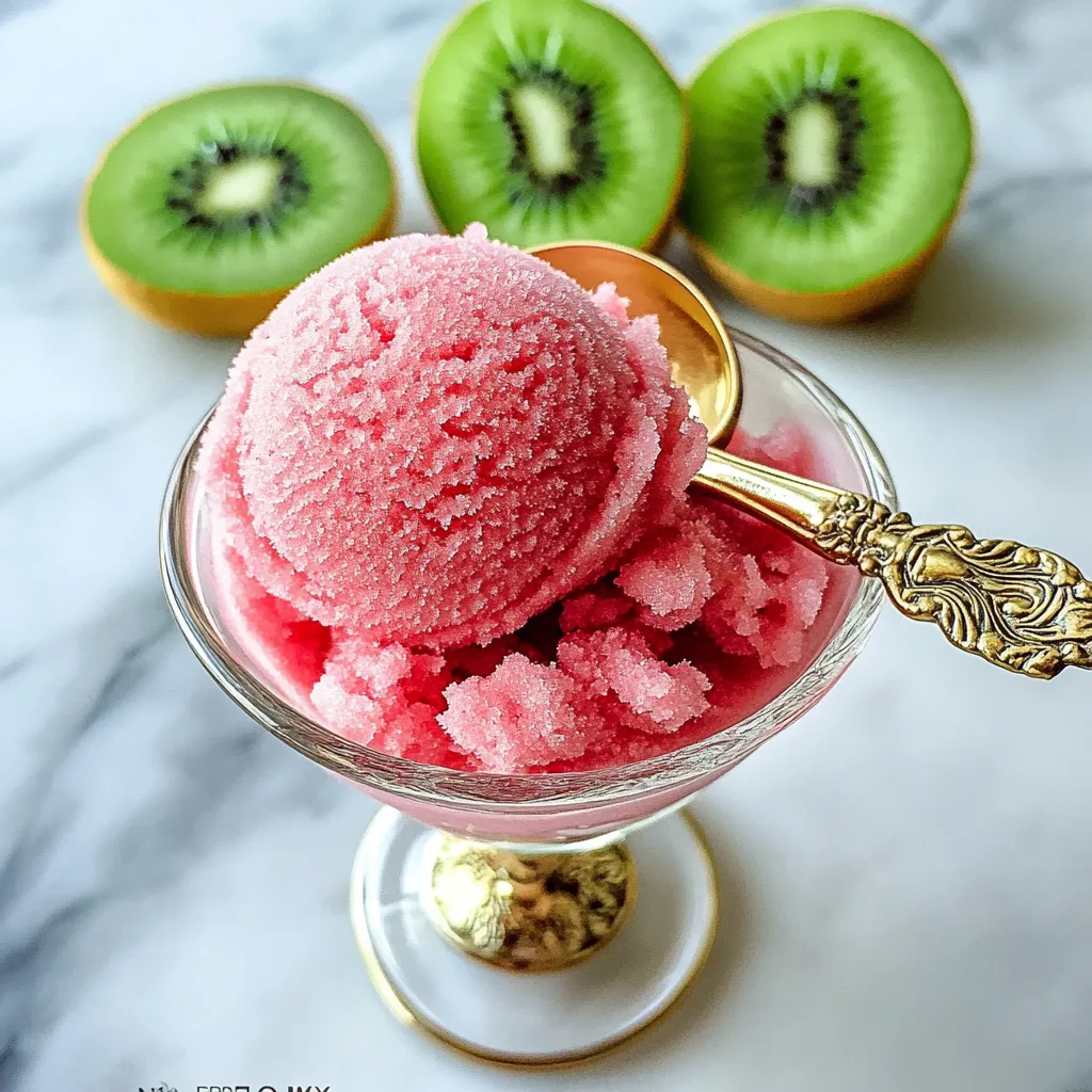 A glass of pink frozen dessert with kiwi slices on the side.