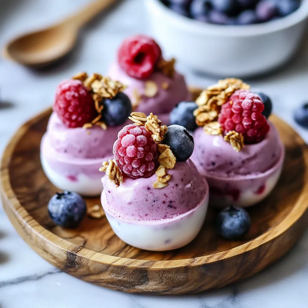 Three desserts with berries and granola on top.