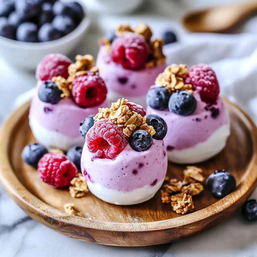 Three desserts with berries and nuts on a wooden platter.