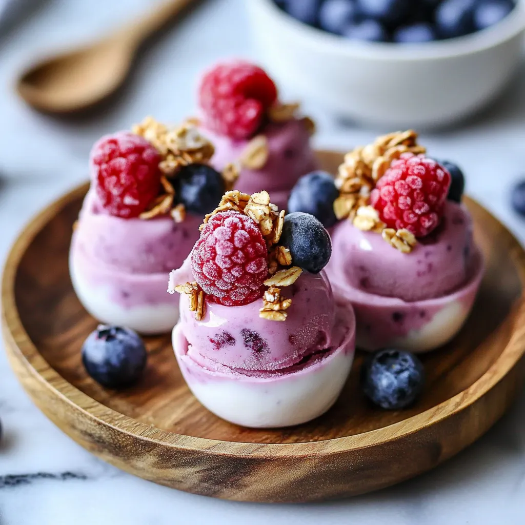 Three raspberry and blueberry flavored desserts with granola on top.