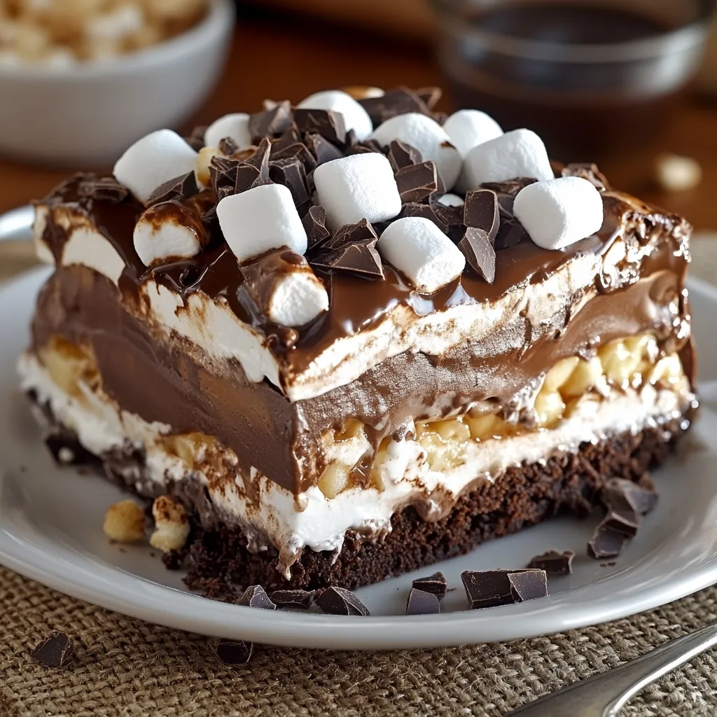 A slice of chocolate cake with marshmallows on top.