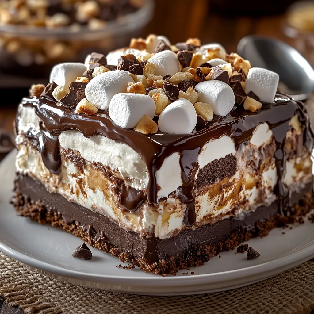 A chocolate cake with marshmallows on top.