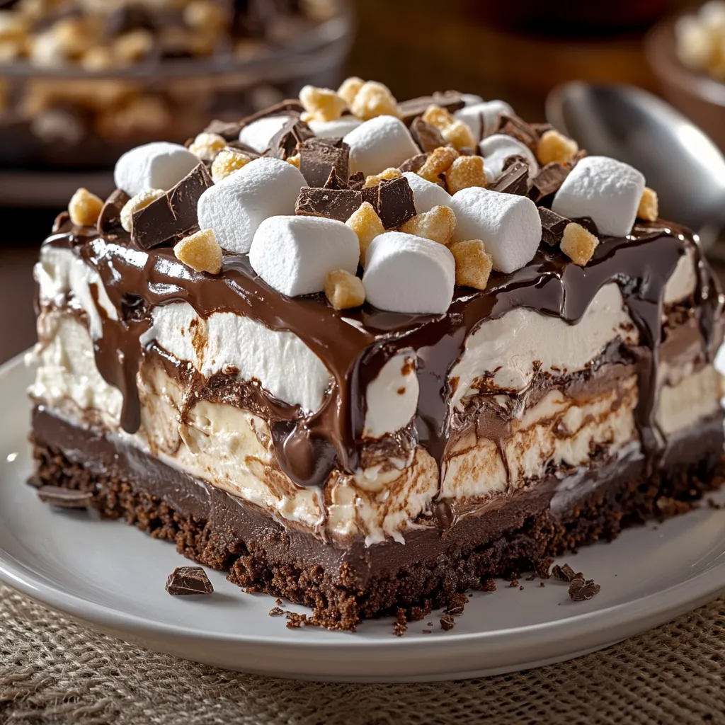 A chocolate cake with marshmallows on top.
