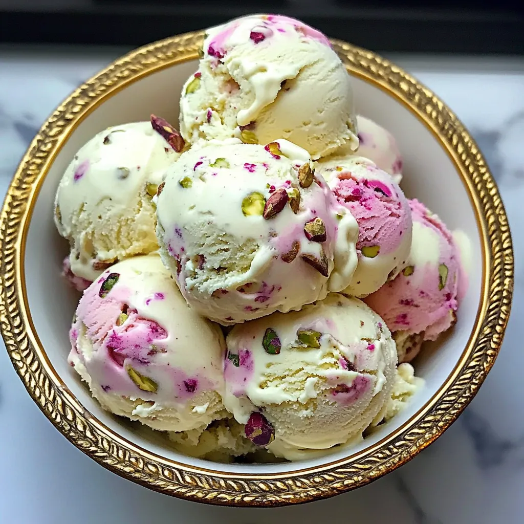 A bowl of ice cream with pink and white swirls.
