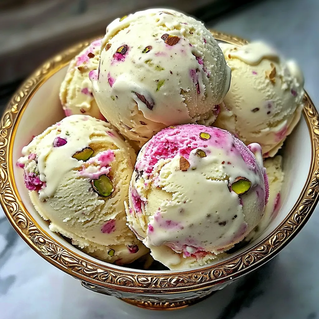 A bowl of ice cream with pink and white swirls.