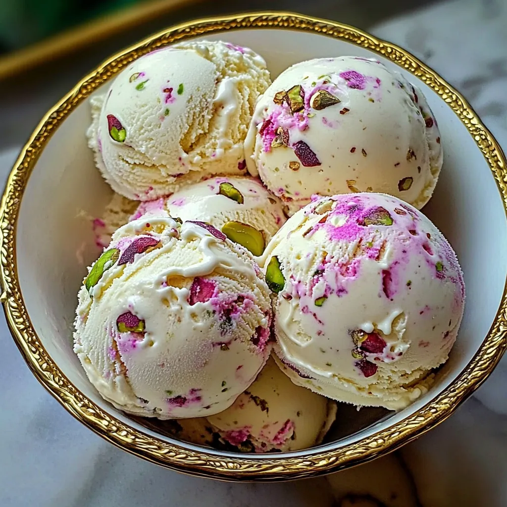 A bowl of ice cream with pink and green toppings.