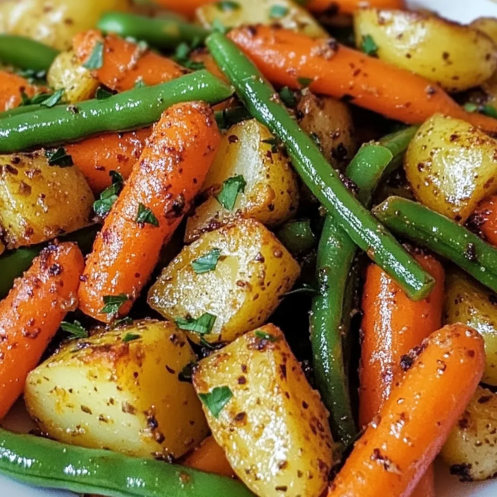 A plate of vegetables including carrots, green beans, and potatoes.