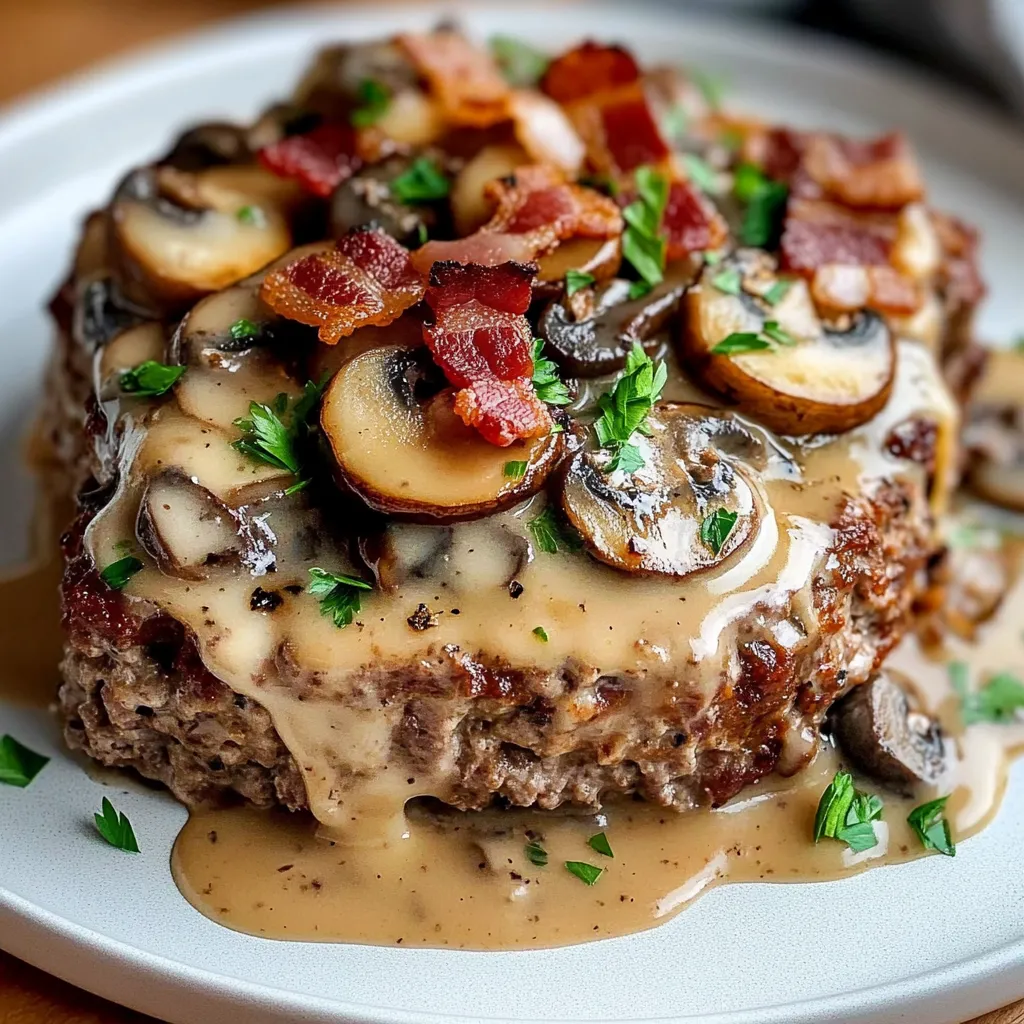 A plate of food with mushrooms and bacon.
