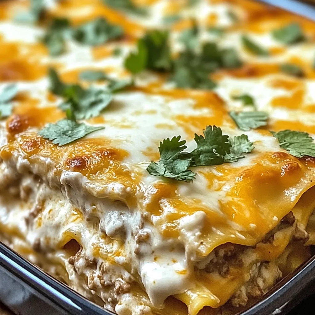 A dish of lasagna with cheese and herbs.
