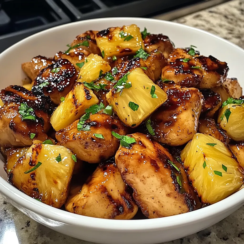 A bowl of food with pineapple and chicken.