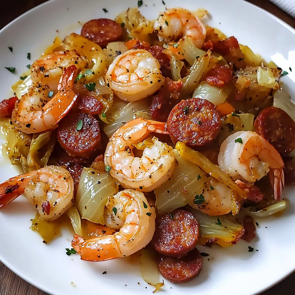A plate of food with shrimp, sausage, onions, and peppers.