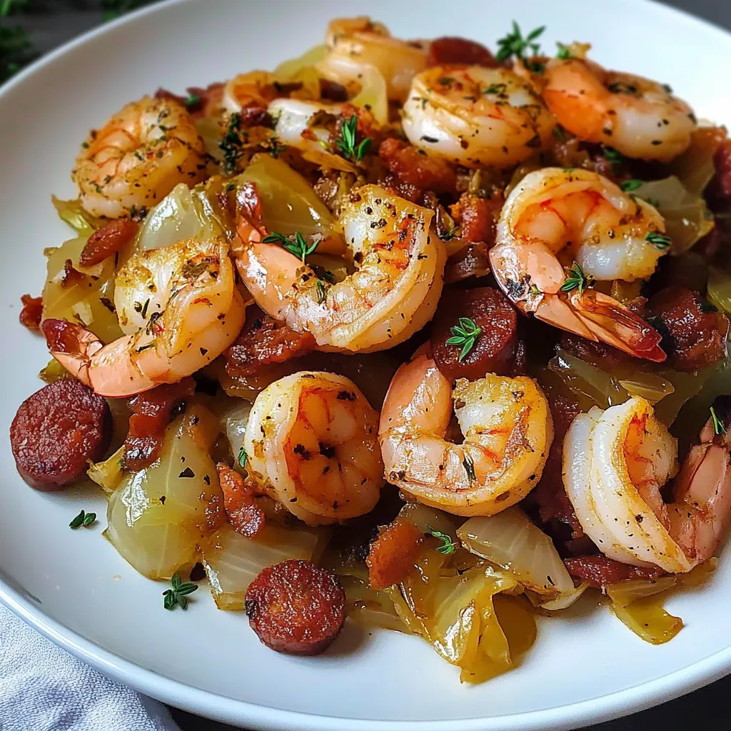 A plate of shrimp and sausage with onions.