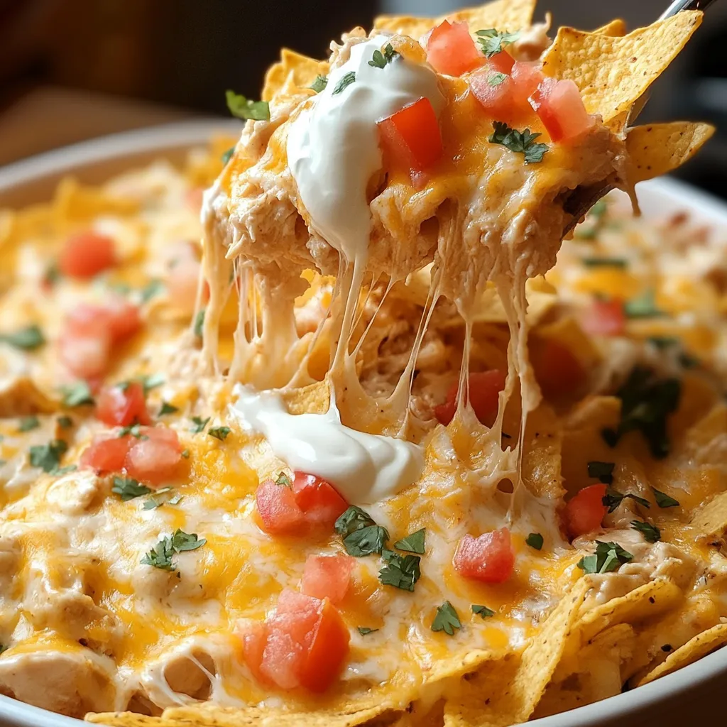 A bowl of nachos with cheese and tomatoes.