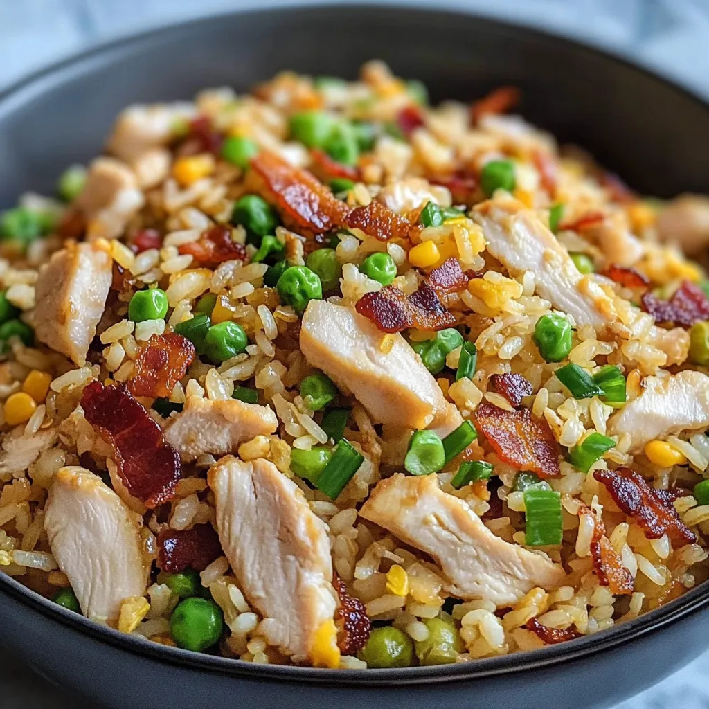 A bowl of rice with chicken and peas.