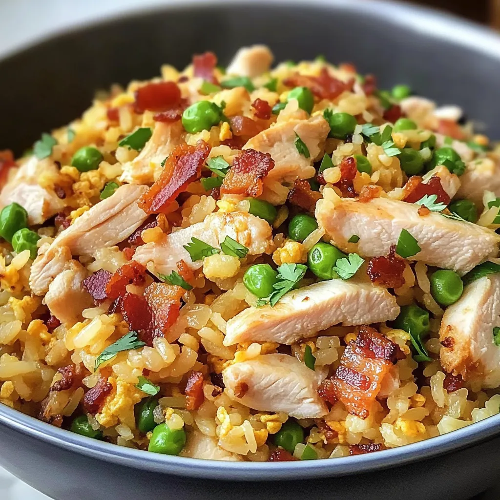 A bowl of rice with chicken and peas.