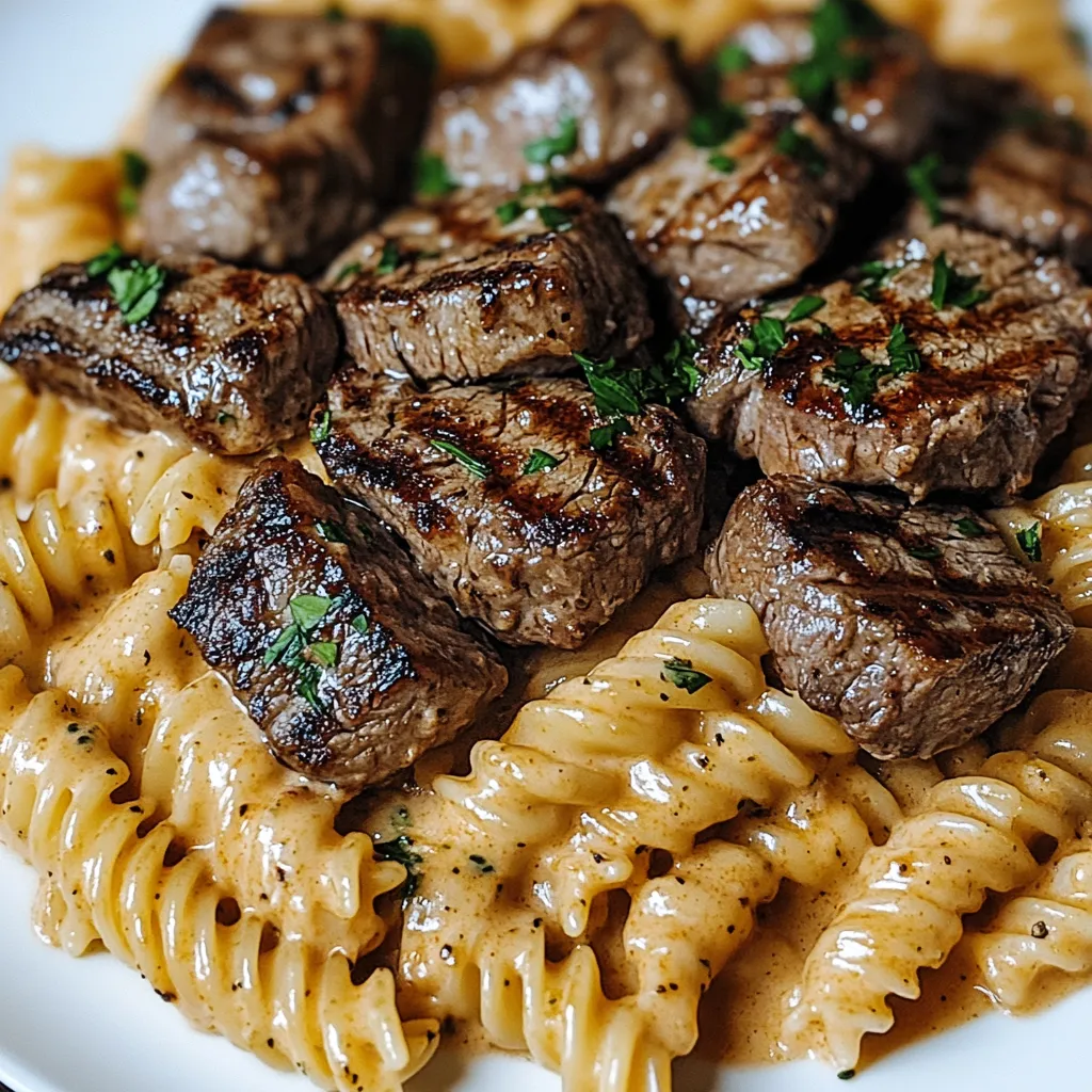 A plate of pasta with meat on top.