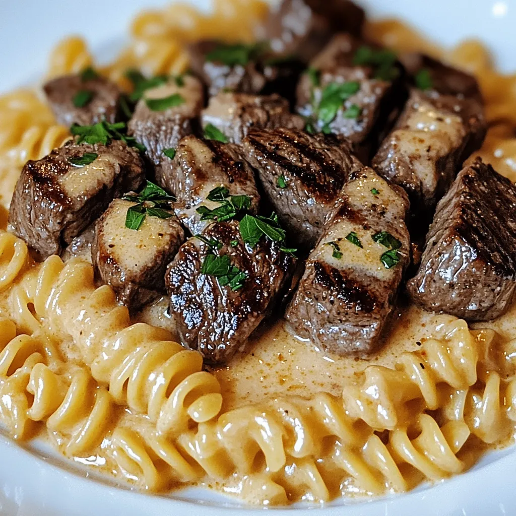 A bowl of pasta with meat on top.