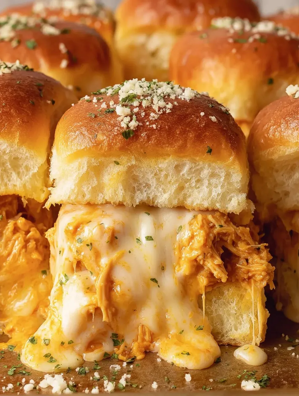 A close up of a cheese and meat filled bread roll.