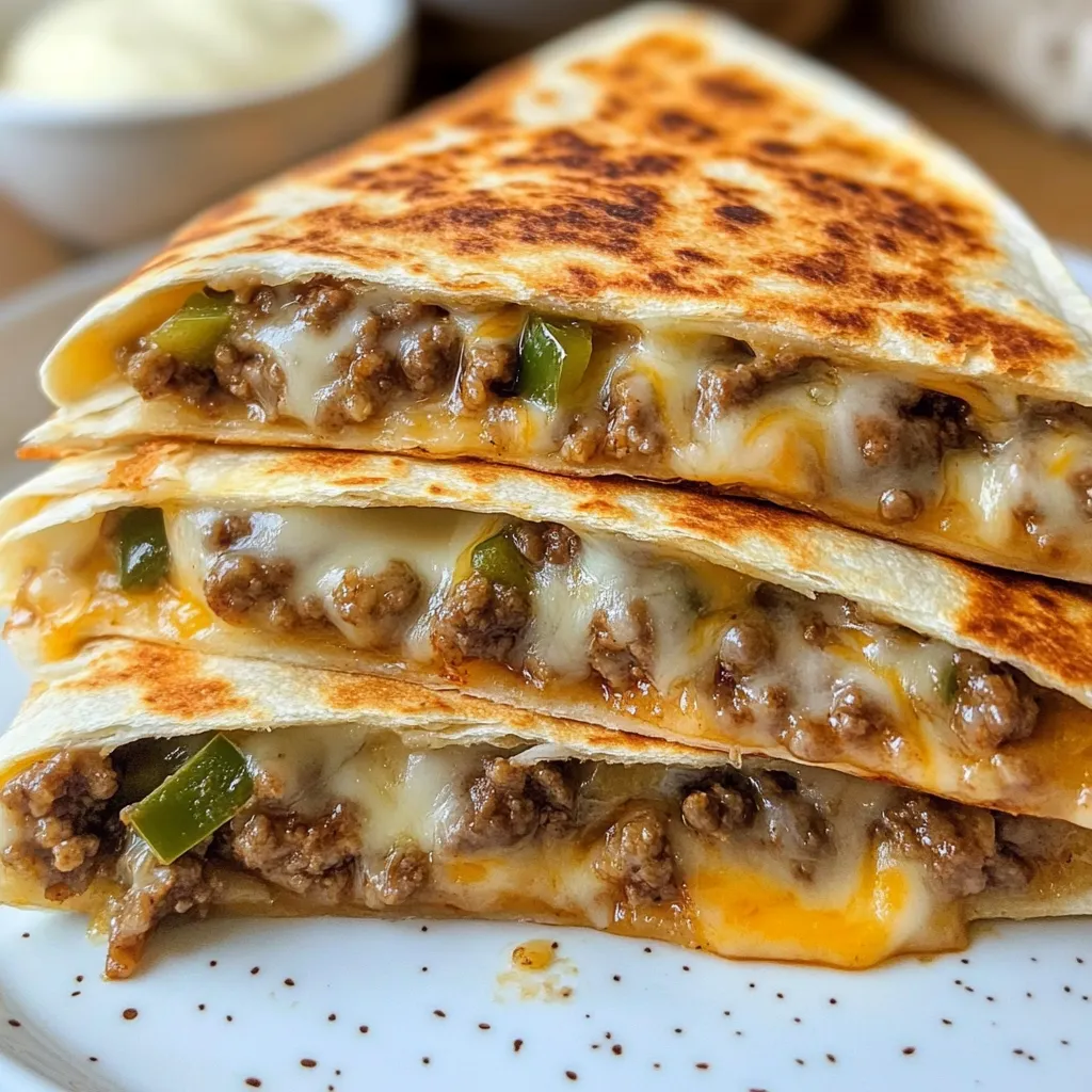 A stack of three burritos with meat and cheese.