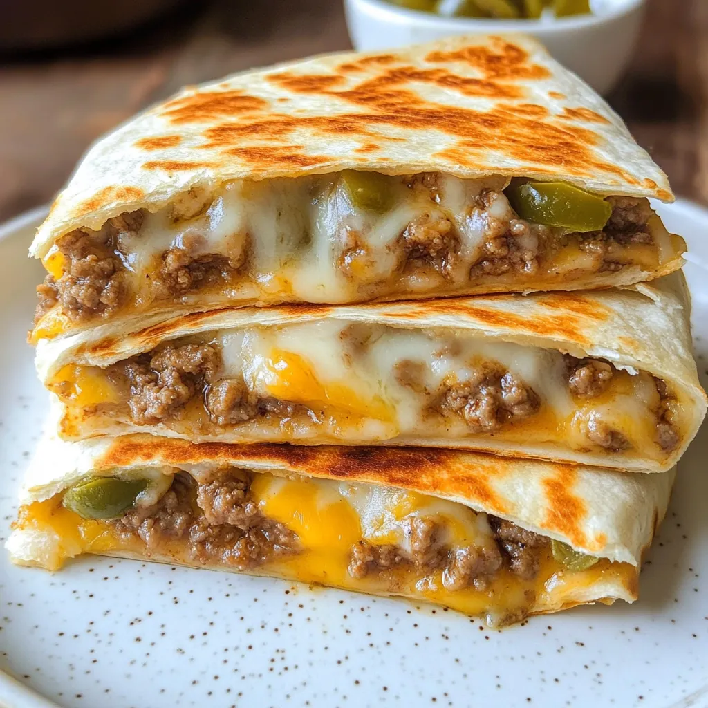 A stack of three tacos with cheese and meat.