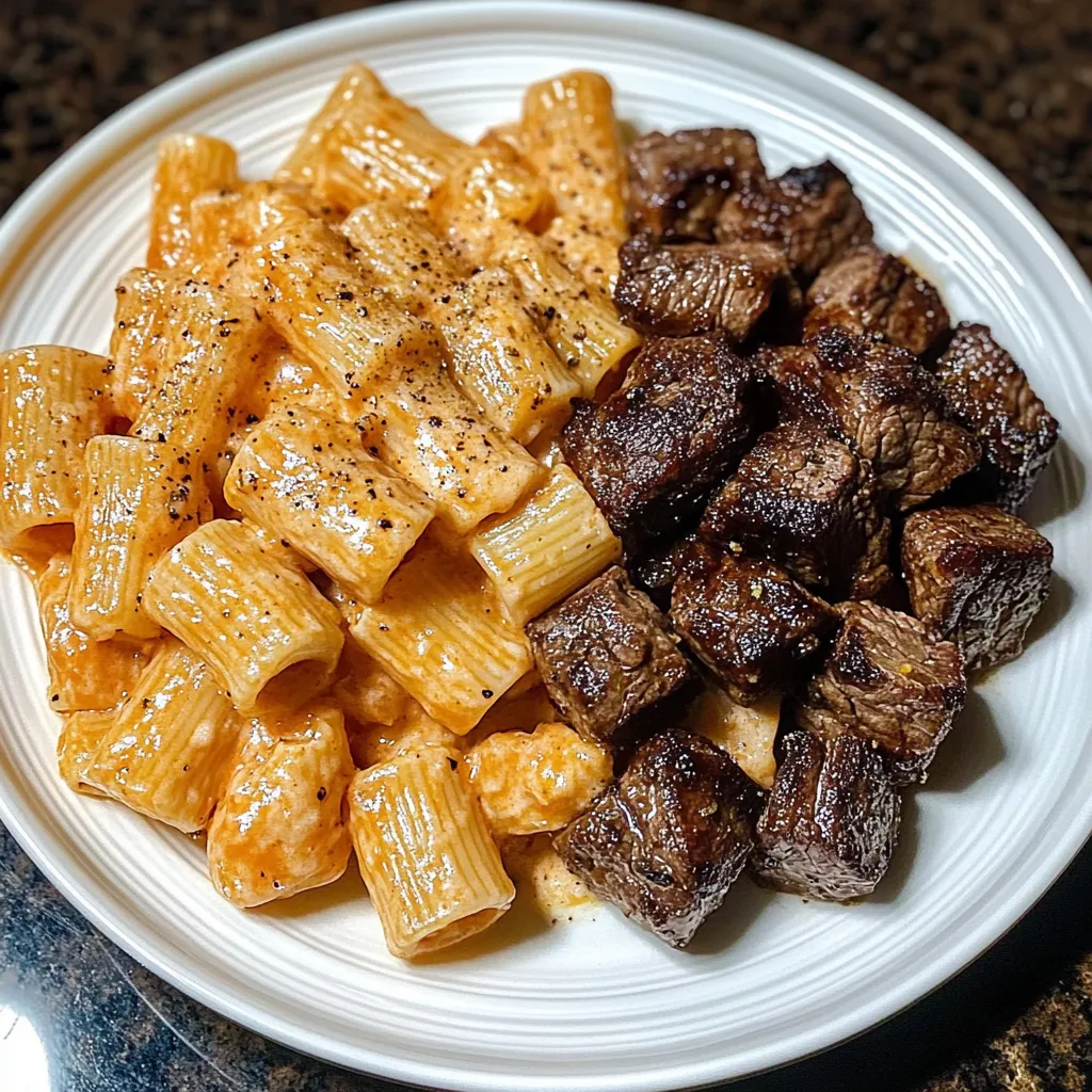 A plate of pasta and meat.