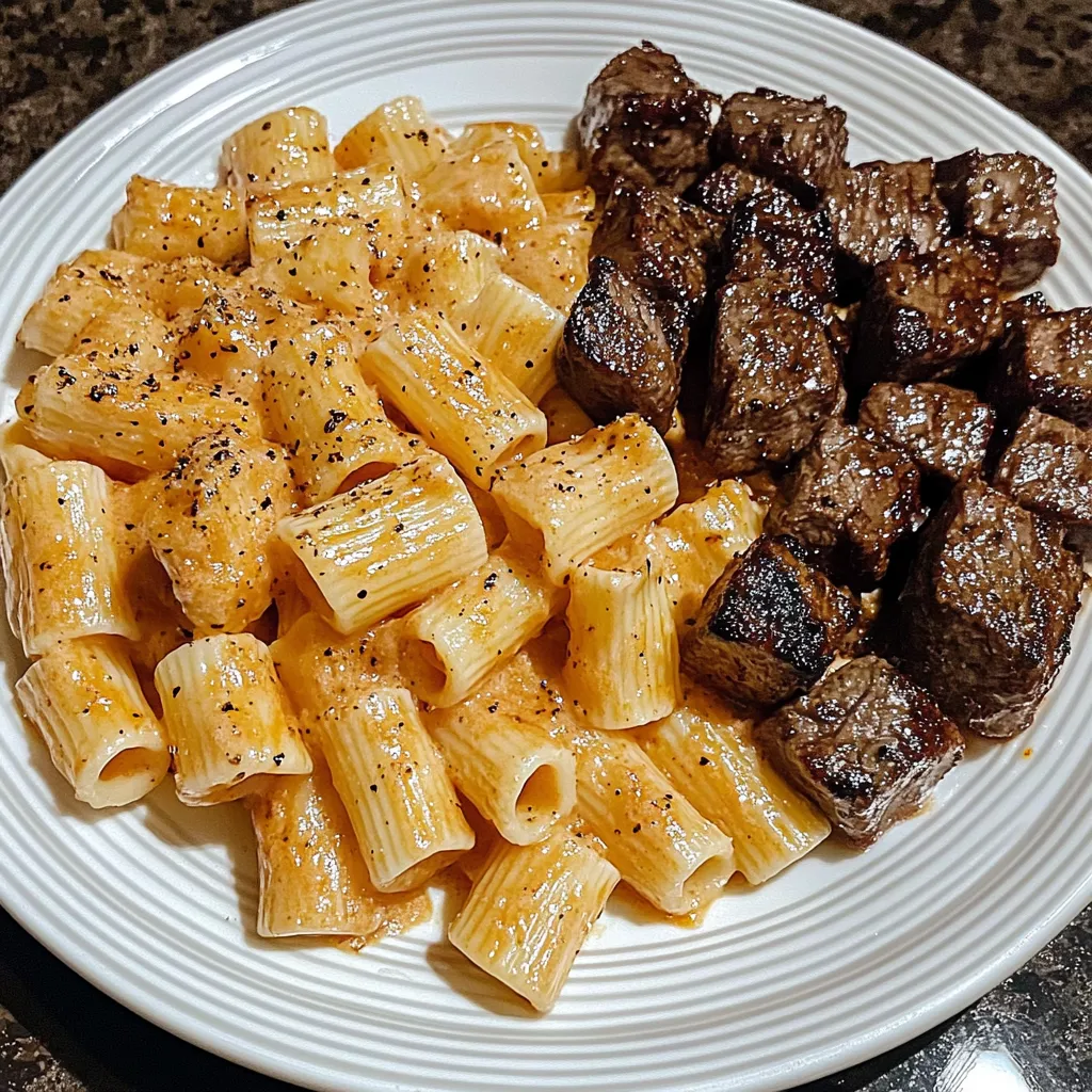 A plate of pasta and meat.