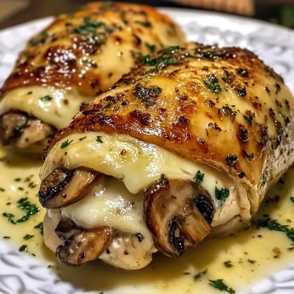 Two pieces of meat with mushrooms on a plate.